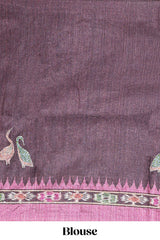 Pink ikkat style floral motifs tussar saree with contrast border and crane bird motif blouse