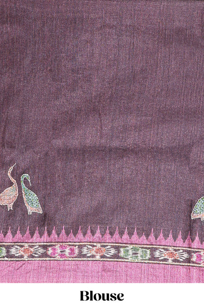 Pink ikkat style floral motifs tussar saree with contrast border and crane bird motif blouse