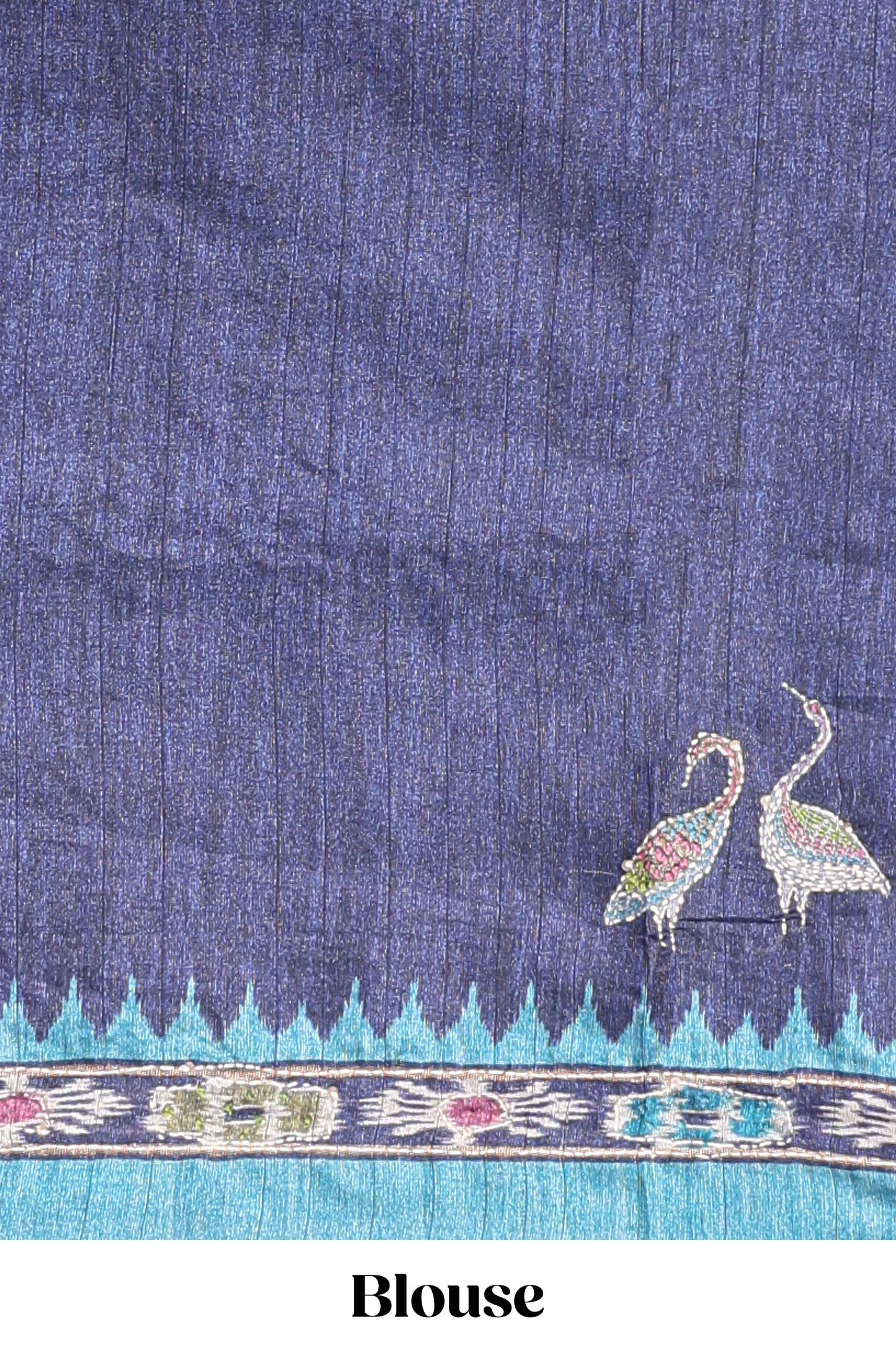 Blue ikkat style floral motifs tussar saree with contrast border and crane bird motif blouse