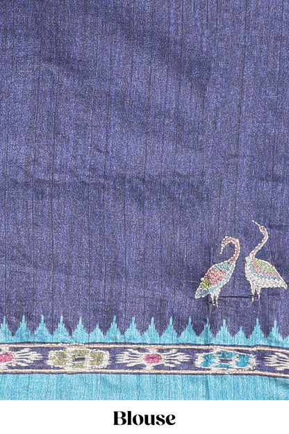 Blue ikkat style floral motifs tussar saree with contrast border and crane bird motif blouse