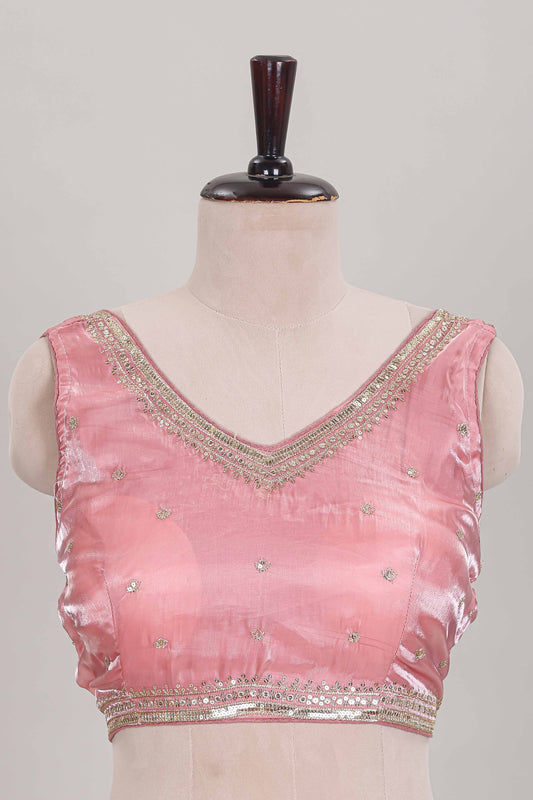 Pink chamki work embroidered readymade designer blouse, sleeveless V-neck with back tassels