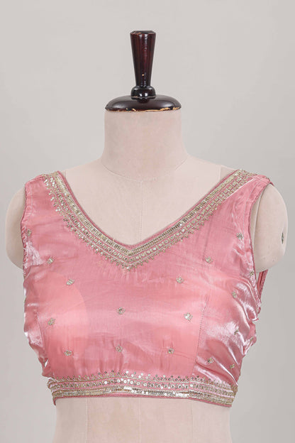 Pink chamki work embroidered readymade designer blouse, sleeveless V-neck with back tassels