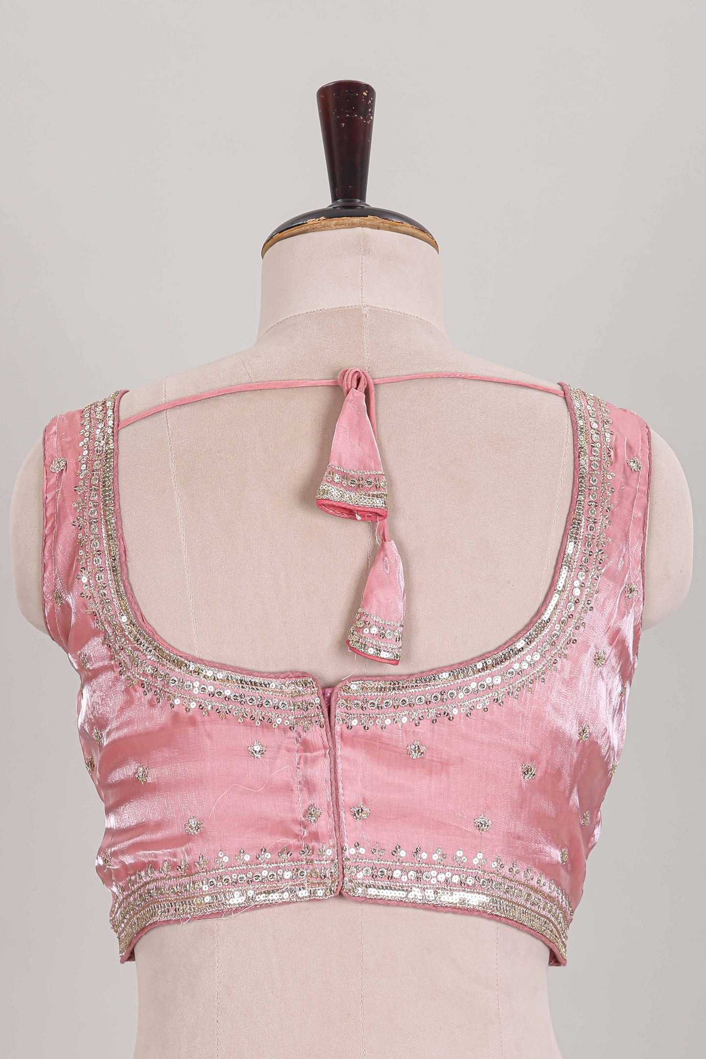 Pink chamki work embroidered readymade designer blouse, sleeveless V-neck with back tassels