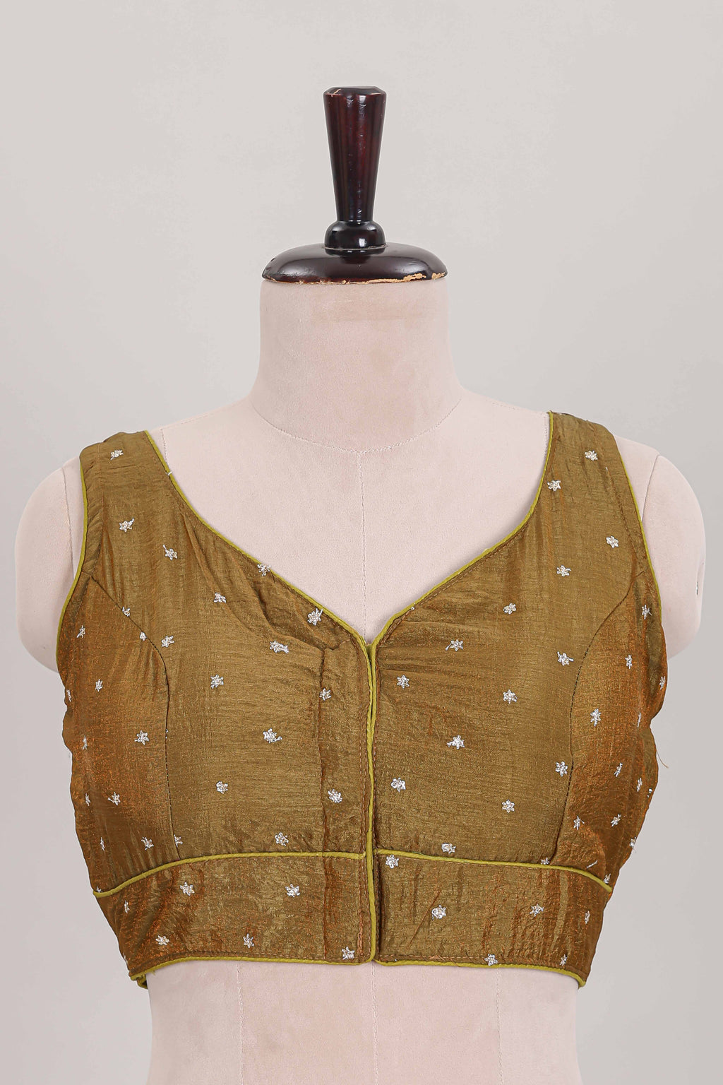Mustard butta chamki work embroidered readymade designer blouse, sleeveless sweatheart neck with back tassels