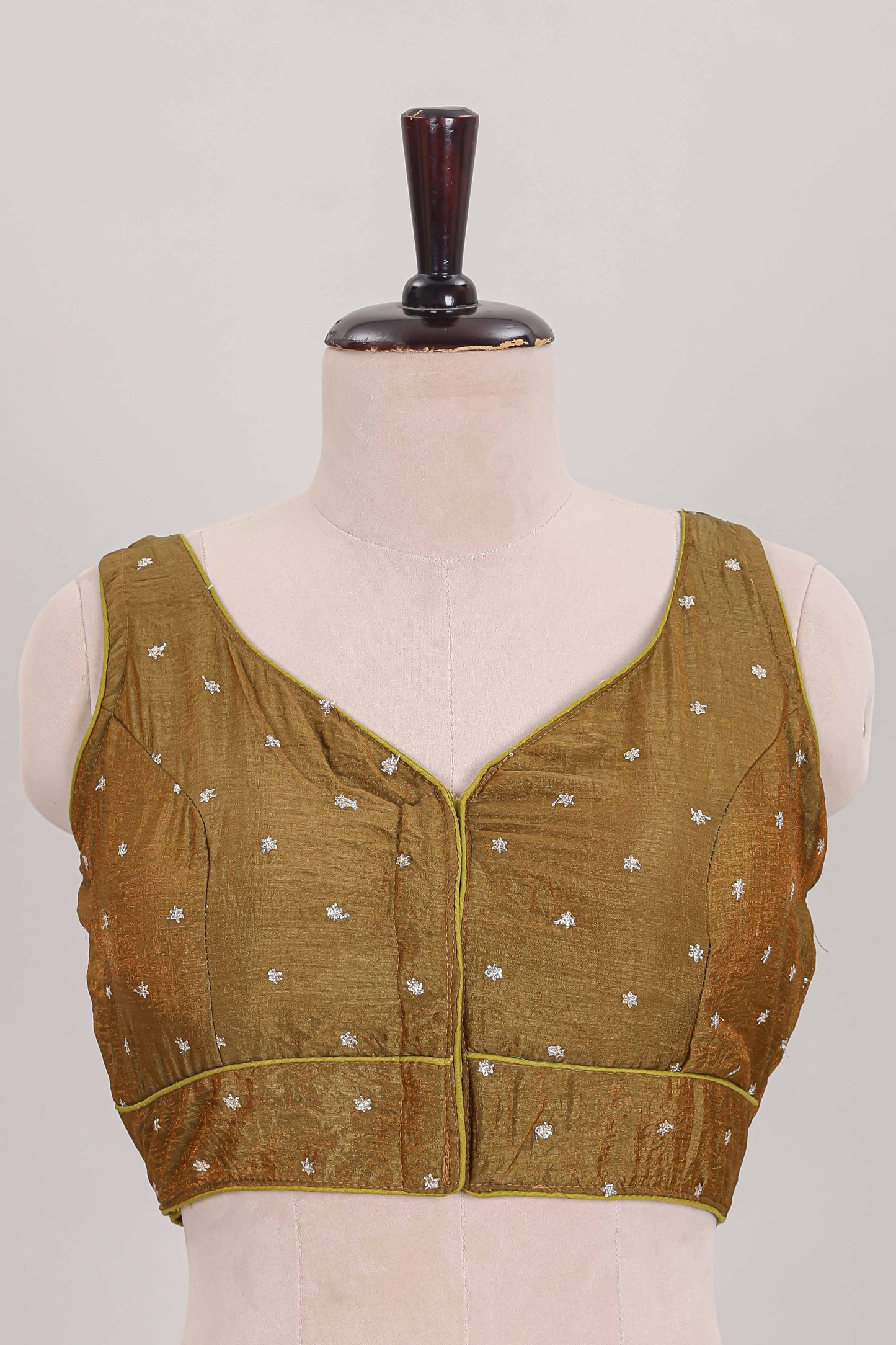 Mustard butta chamki work embroidered readymade designer blouse, sleeveless sweatheart neck with back tassels