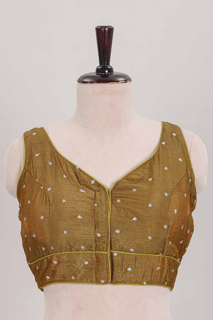 Mustard butta chamki work embroidered readymade designer blouse, sleeveless sweatheart neck with back tassels