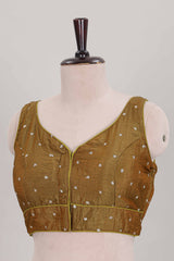 Mustard butta chamki work embroidered readymade designer blouse, sleeveless sweatheart neck with back tassels