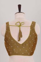 Mustard butta chamki work embroidered readymade designer blouse, sleeveless sweatheart neck with back tassels