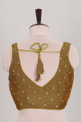 Mustard butta chamki work embroidered readymade designer blouse, sleeveless sweatheart neck with back tassels