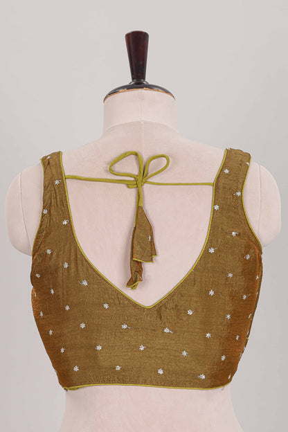 Mustard butta chamki work embroidered readymade designer blouse, sleeveless sweatheart neck with back tassels