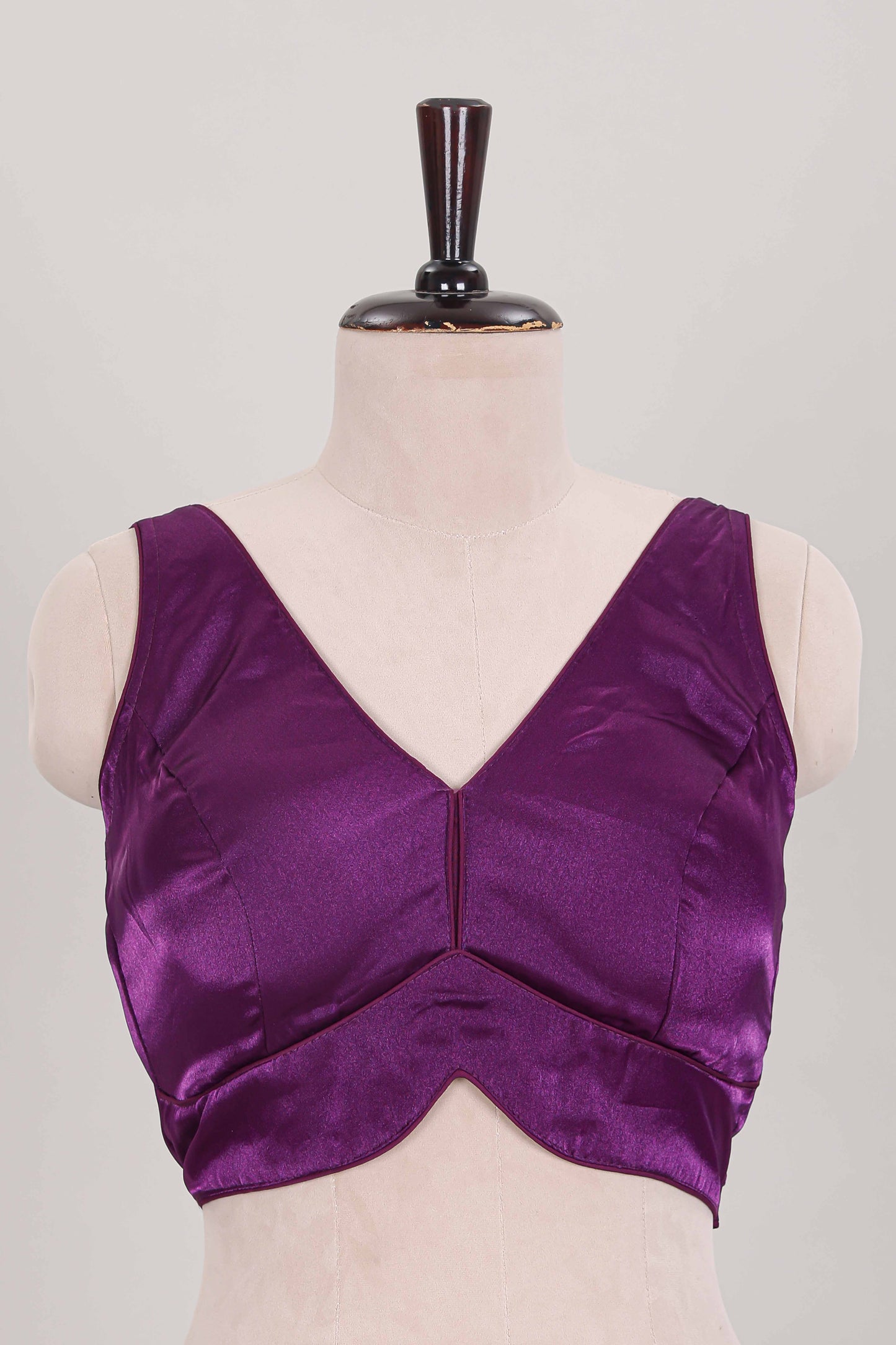 Violet plain readymade blouse, sleeveless V neck with back tassels