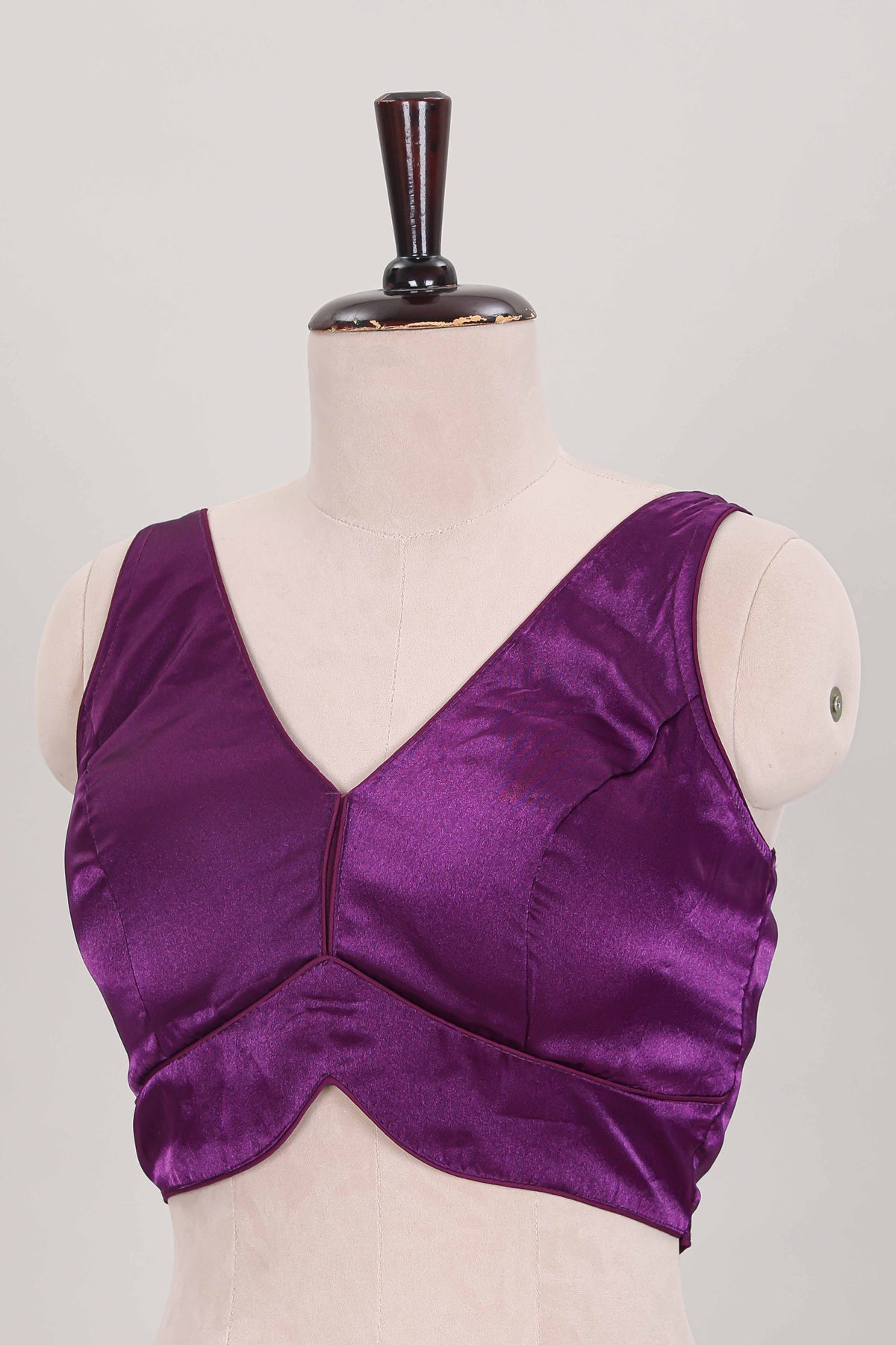 Violet plain readymade blouse, sleeveless V neck with back tassels