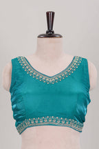 Turquoise green embroidery work readymade designer blouse, sleeveless sweatheart neck with back tassels