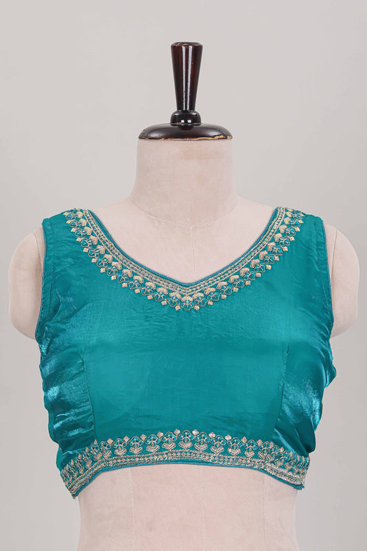 Turquoise green embroidery work readymade designer blouse, sleeveless sweatheart neck with back tassels
