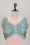 Sky blue embroidery work readymade designer blouse sleeveless sweatheart neck with back tassels