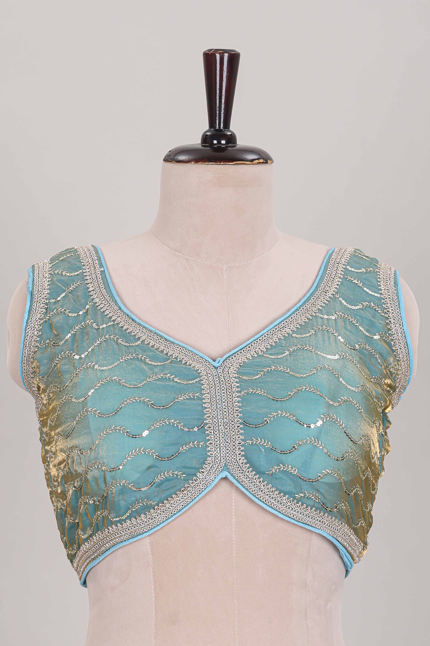Sky blue embroidery work readymade designer blouse, sleeveless sweatheart neck with back tassels
