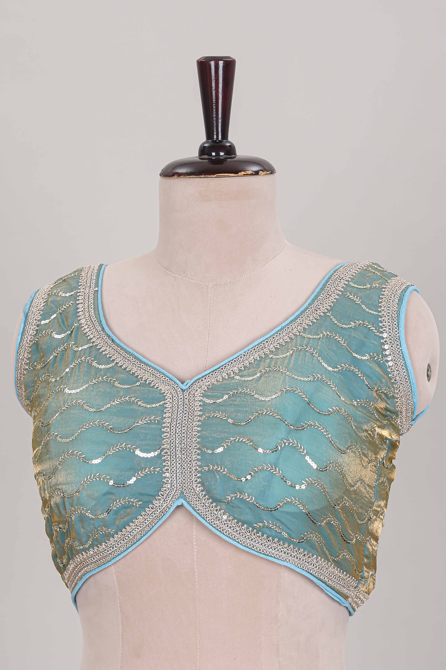 Sky blue embroidery work readymade designer blouse, sleeveless sweatheart neck with back tassels