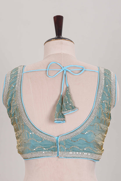 Sky blue embroidery work readymade designer blouse, sleeveless sweatheart neck with back tassels