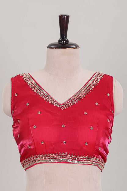 Rani pink embroidery work readymade designer blouse, sleeveless V neck with back tassels