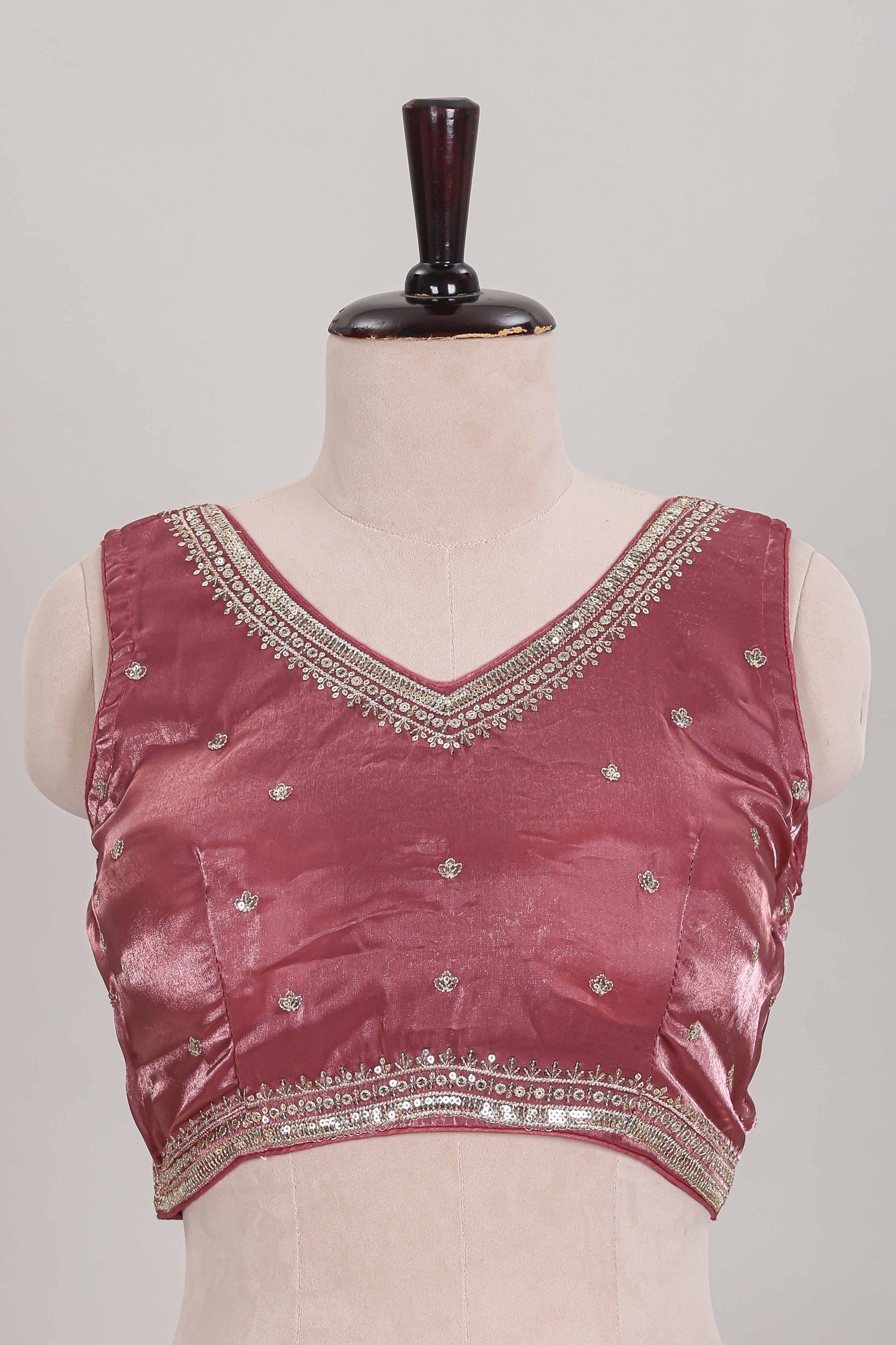 Peach embroidery work readymade designer blouse, sleeveless V neck with back tassels