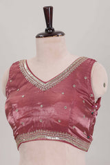 Peach embroidery work readymade designer blouse, sleeveless V neck with back tassels