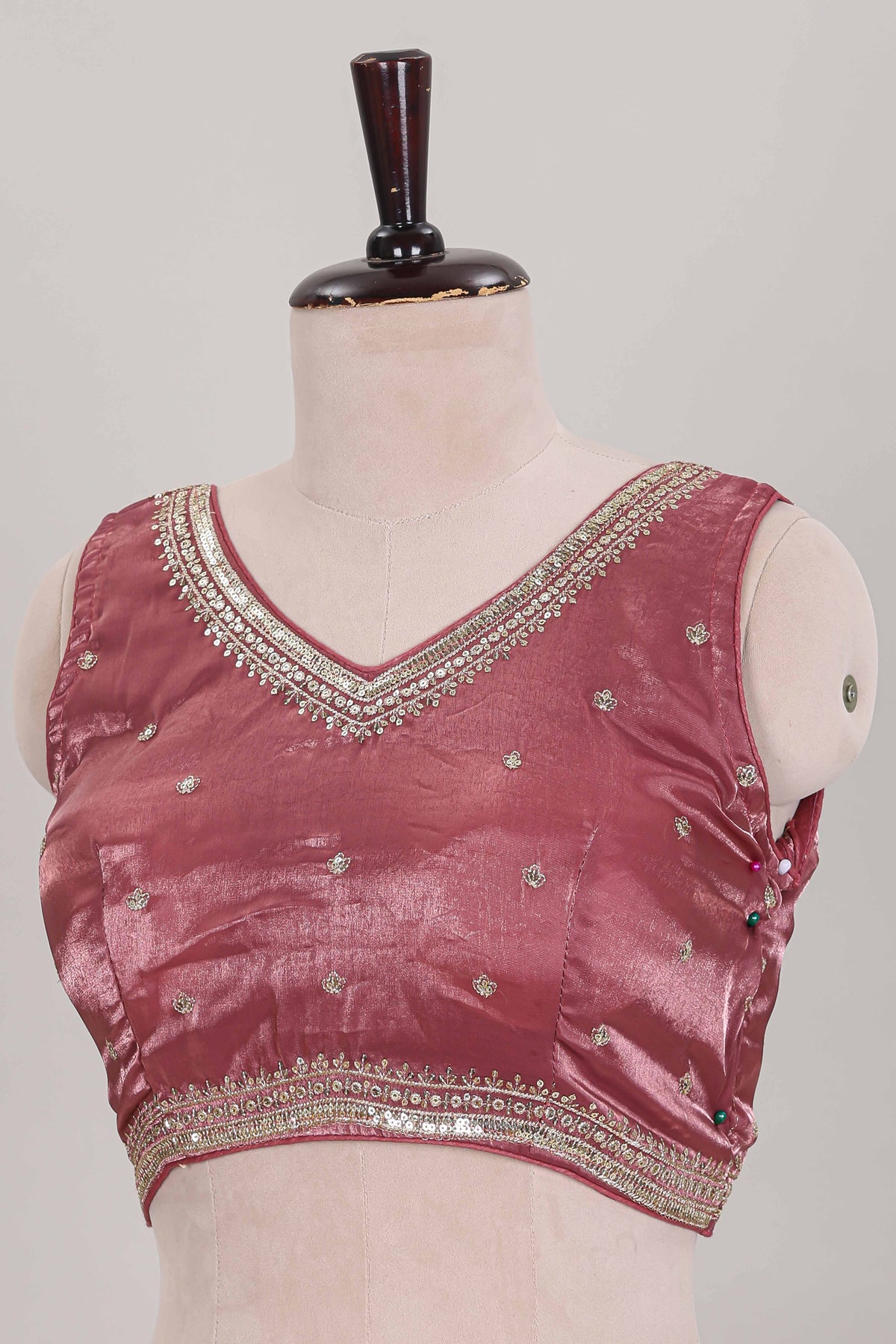 Peach embroidery work readymade designer blouse, sleeveless V neck with back tassels