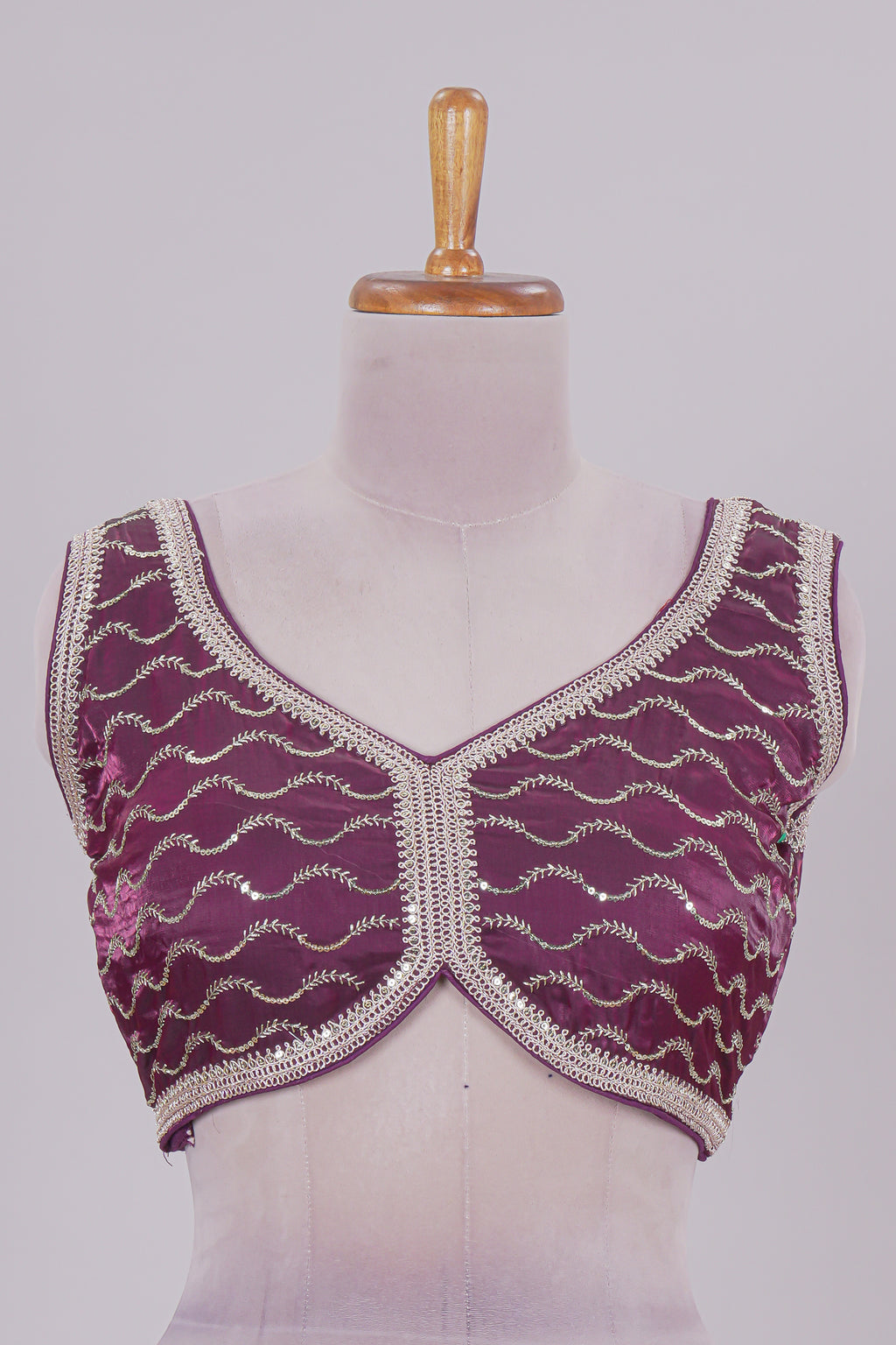 Purple chamki embroidery work readymade designer blouse, sleeveless V neck with back tassels