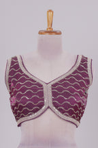Purple chamki embroidery work readymade designer blouse, sleeveless V neck with back tassels