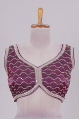 Purple chamki embroidery work readymade designer blouse, sleeveless V neck with back tassels