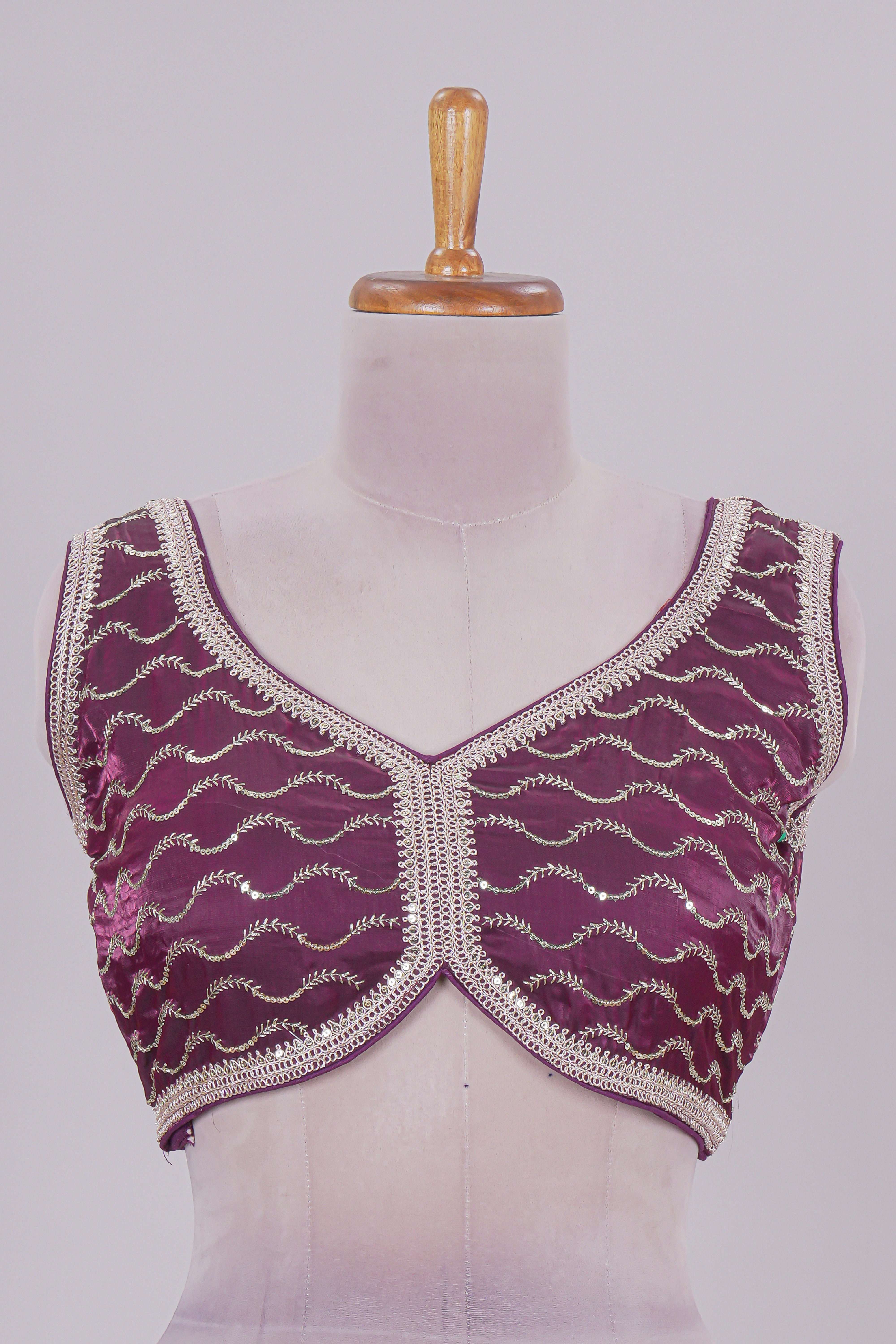 Purple chamki embroidery work readymade designer blouse, sleeveless V neck with back tassels