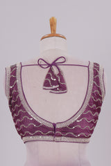 Purple chamki embroidery work readymade designer blouse, sleeveless V neck with back tassels