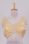 Yellow chamki embroidery work readymade designer blouse, sleeveless V neck with back tassels
