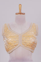 Yellow chamki embroidery work readymade designer blouse, sleeveless V neck with back tassels