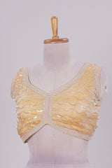 Yellow chamki embroidery work readymade designer blouse, sleeveless V neck with back tassels