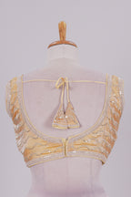 Yellow chamki embroidery work readymade designer blouse, sleeveless V neck with back tassels