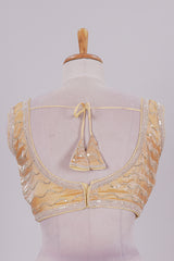 Yellow chamki embroidery work readymade designer blouse, sleeveless V neck with back tassels