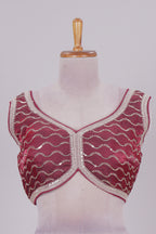 Maroon chamki embroidery work readymade designer blouse, sleeveless V neck with back tassels