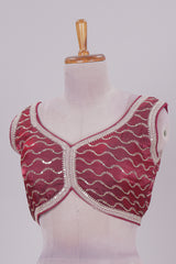 Maroon chamki embroidery work readymade designer blouse, sleeveless V neck with back tassels