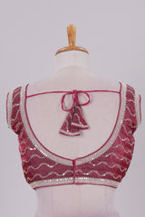 Maroon chamki embroidery work readymade designer blouse, sleeveless V neck with back tassels