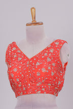 Orange floral chamki embroidery work readymade designer blouse, sleeveless V neck with back tassels