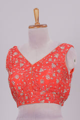 Orange floral chamki embroidery work readymade designer blouse, sleeveless V neck with back tassels