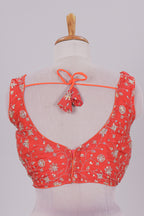 Orange floral chamki embroidery work readymade designer blouse, sleeveless V neck with back tassels