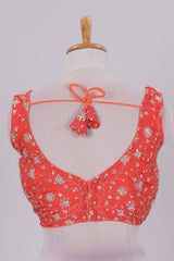 Orange floral chamki embroidery work readymade designer blouse, sleeveless V neck with back tassels