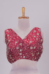 Maroon floral chamki embroidery work readymade designer blouse, sleeveless V neck with back tassels