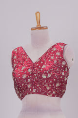 Maroon floral chamki embroidery work readymade designer blouse, sleeveless V neck with back tassels