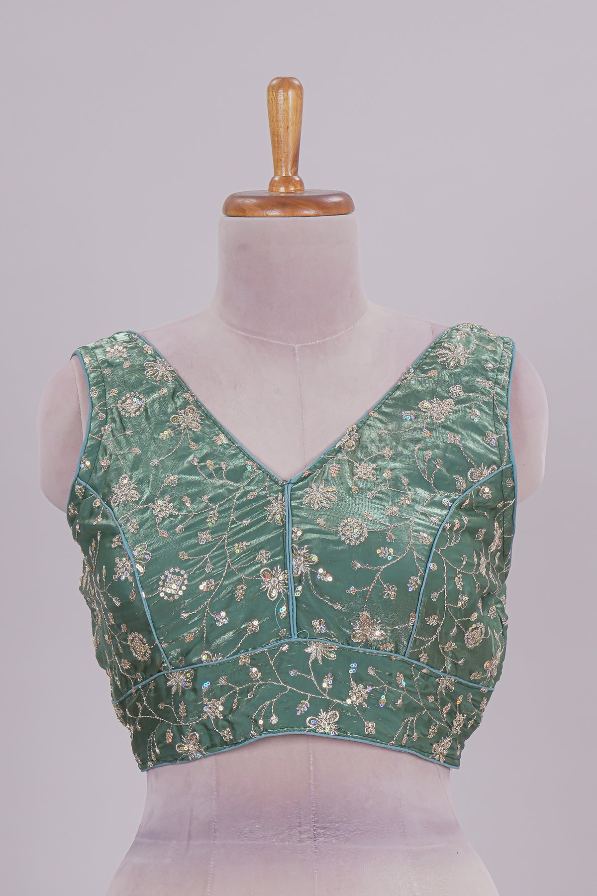 Green floral chamki embroidery work readymade designer blouse, sleeveless V neck with back tassels