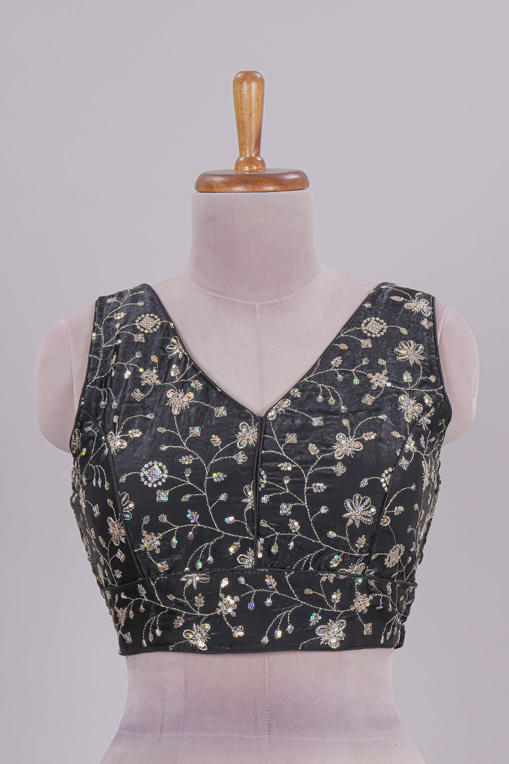 Black floral chamki embroidery work readymade designer blouse, sleeveless V neck with back tassels