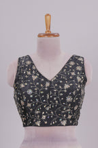Black floral chamki embroidery work readymade designer blouse, sleeveless V neck with back tassels