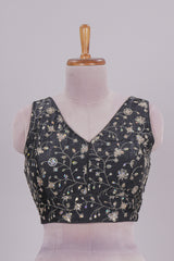 Black floral chamki embroidery work readymade designer blouse, sleeveless V neck with back tassels