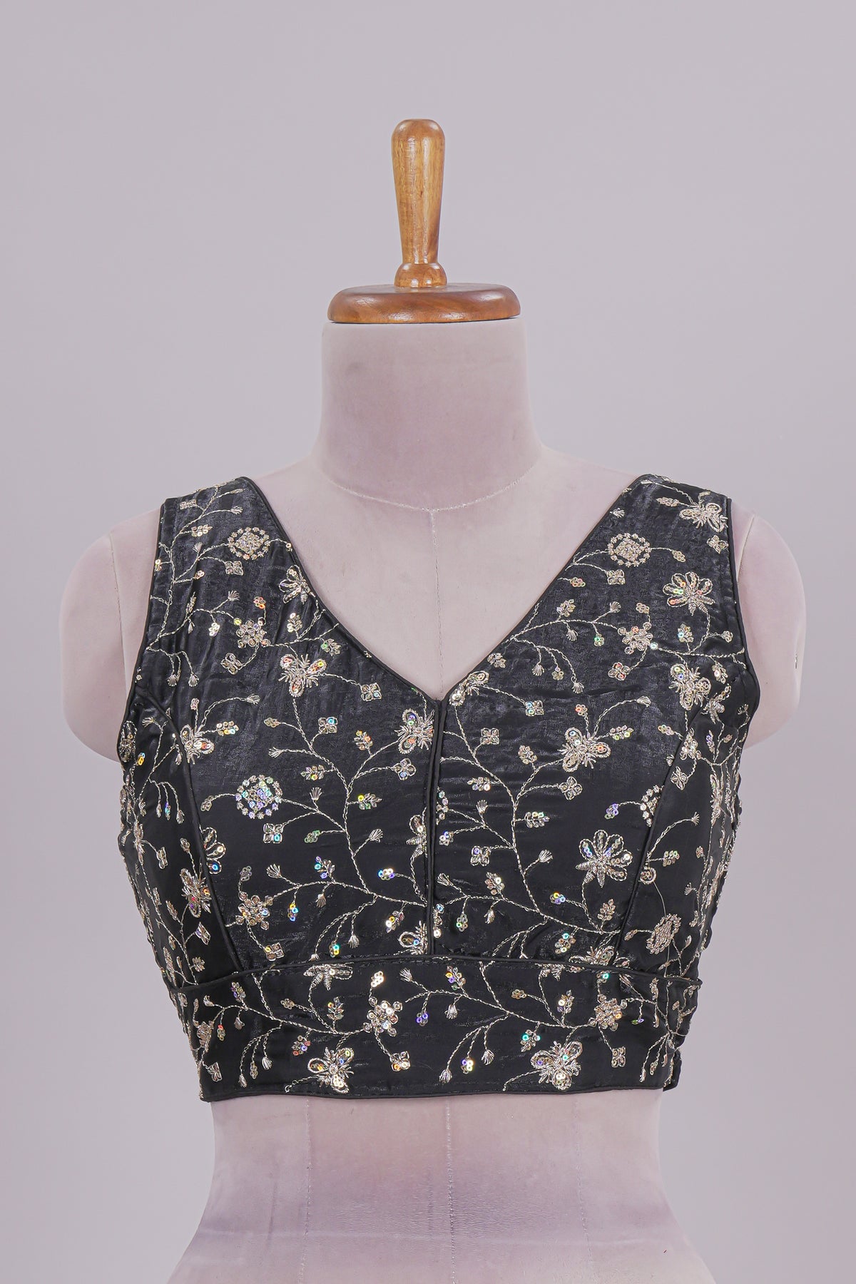 Black floral chamki embroidery work readymade designer blouse, sleeveless V neck with back tassels
